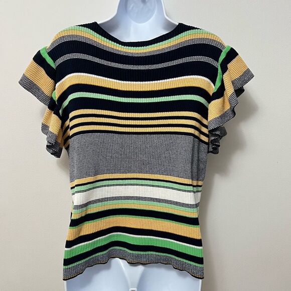 THML Womens Rib Knit Short Sleeve Sweater Size M Yellow and Blue Relaxed Fit - Picture 4 of 10